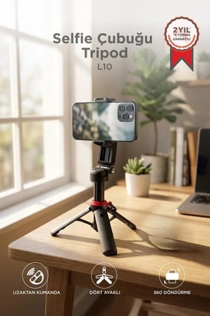 Telefon Sehpası Vlog Ekipmanı Tripod Çok Amaçlı 360 Derece Kumandalı Selfie Çubuğu L10 Siyah