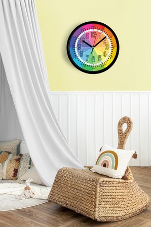 Eğitici Çocuk Odası Duvar Saati - 42cm - Önü Camlı Siyah Kasa - Sessiz Mekanizma