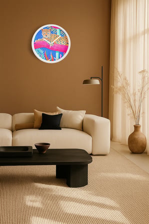 Tropikal Kaplan Temalı Modern Duvar Saati - 42cm - Önü Camlı Beyaz Kasa - Sessiz Mekanizma