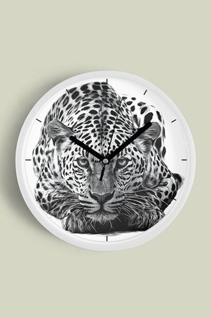 Kaplan Temalı Modern Duvar Saati - 35cm - Önü Camlı Beyaz Kasa - Sessiz Mekanizma