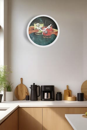 Modern Kokteyl Temalı Duvar Saati - 35cm - Önü Camlı Beyaz Kasa - Sessiz Mekanizma