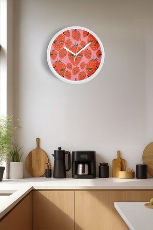 Soyut Çilek Meyve Modern Tasarım Duvar Saati - 42cm - Önü Camlı Beyaz Kasa - Sessiz Mekanizma