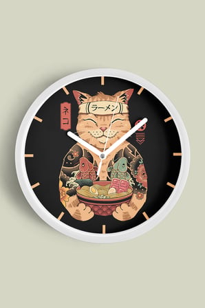 Kedi Ramen Modern Tasarım Duvar Saati - 42cm - Önü Camlı Beyaz Kasa - Sessiz Mekanizma