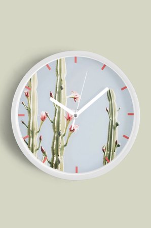 Kaktüs Çiçek Modern Duvar Saati - 35cm - Önü Camlı Beyaz Kasa - Sessiz Mekanizma