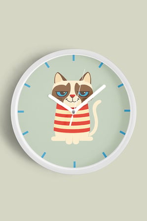 Kedi Tasarım Modern Duvar Saati - 42cm - Önü Camlı Beyaz Kasa - Sessiz Mekanizma