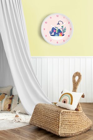 Küvette Fil Modern Tasarım Duvar Saati - 35cm - Önü Camlı Beyaz Kasa - Sessiz Mekanizma