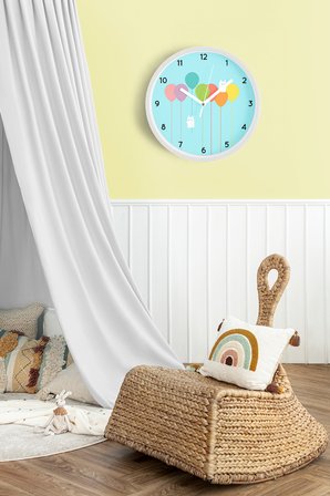 Renkli Balonlar Çocuk Odası Modern Duvar Saati - 35cm - Önü Camlı Beyaz Kasa - Sessiz Mekanizma