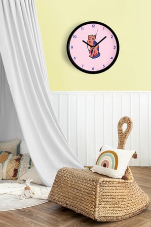 Sevimli Kedi Çocuk Odası Modern Duvar Saati - 35cm - Önü Camlı Siyah Kasa - Sessiz Mekanizma