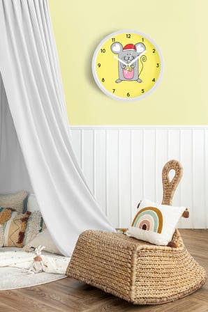 Sevimli Fare Çocuk Odası Modern Duvar Saati - 42cm - Önü Camlı Beyaz Kasa - Sessiz Mekanizma