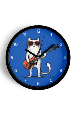 Gitar Çalan Kedi Modern Duvar Saati - 42cm - Önü Camlı Siyah Kasa - Sessiz Mekanizma