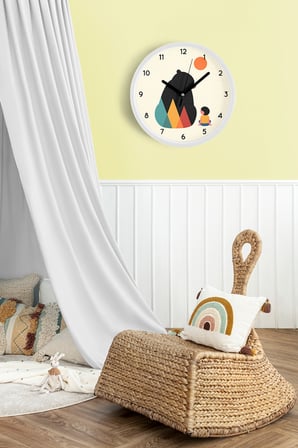 Ayıcık İle Çocuk - Çocuk Odası Duvar Saati - 42cm - Önü Camlı Beyaz Kasa - Sessiz Mekanizma