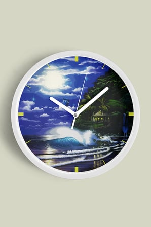 Gece Manzaralı Okyanus Dalgaları Modern Duvar Saati - 30cm - Önü Camlı Beyaz Kasa - Sessiz Mekanizma