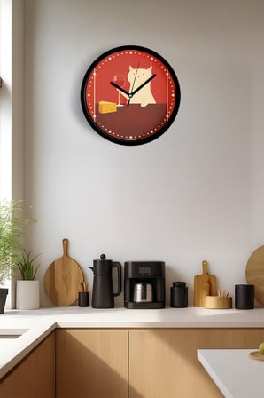 Kedi Tasarım Modern Duvar Saati - 42cm - Önü Camlı Siyah Kasa - Sessiz Mekanizma