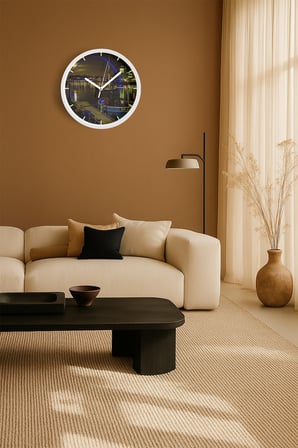 Şehir Manzara Temalı Modern Duvar Saati - 42cm - Önü Camlı Beyaz Kasa - Sessiz Mekanizma