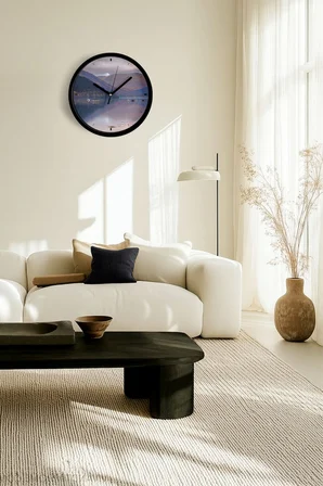 Doğa Manzara Temalı Modern Duvar Saati - 42cm - Önü Camlı Siyah Kasa - Sessiz Mekanizma