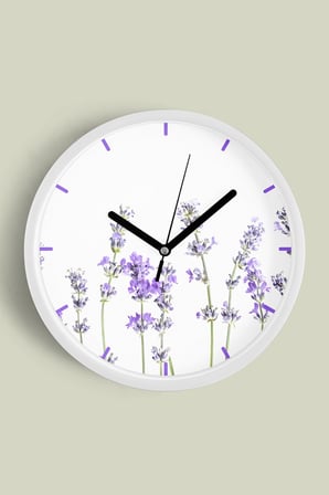 Lavanta Çiçek Modern Duvar Saati - 42cm - Önü Camlı Beyaz Kasa - Sessiz Mekanizma