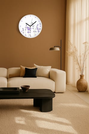 Lavanta Çiçek Modern Duvar Saati - 42cm - Önü Camlı Beyaz Kasa - Sessiz Mekanizma