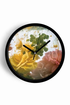 Sanatsal Çiçek Tasarımlı Modern Duvar Saati - 42cm - Önü Camlı Siyah Kasa - Sessiz Mekanizma