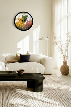 Sanatsal Çiçek Tasarımlı Modern Duvar Saati - 42cm - Önü Camlı Siyah Kasa - Sessiz Mekanizma