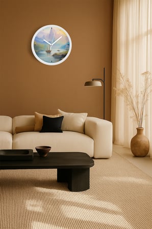 Doğa Manzara Temalı Modern Duvar Saati - 35cm - Önü Camlı Beyaz Kasa - Sessiz Mekanizma