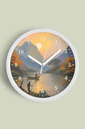 Doğa Manzara Temalı Modern Duvar Saati - 42cm - Önü Camlı Beyaz Kasa - Sessiz Mekanizma