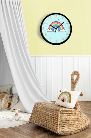 Renkli Gökkuşağı Çocuk Odası Duvar Saati - 42cm - Önü Camlı Siyah Kasa - Sessiz Mekanizma