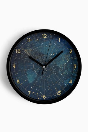Kozmik Harita Yıldızlı Gece Saat Modern Duvar Saati - 42cm - Önü Camlı Siyah Kasa - Sessiz Mekanizma