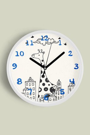 Sevimli Zürafa Çizimi Çocuk Odası Duvar Saati - 42cm - Önü Camlı Beyaz Kasa - Sessiz Mekanizma