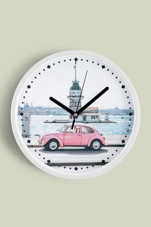 Kız Kulesi Ve Pembe Vosvos Modern Duvar Saati - 30cm - Önü Camlı Beyaz Kasa - Sessiz Mekanizma
