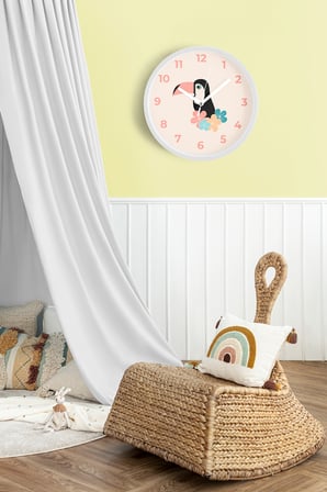 Tropikal Tukan Kuşu Çocuk Odası Duvar Saati - 30cm - Önü Camlı Beyaz Kasa - Sessiz Mekanizma