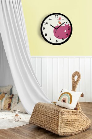 Sevimli Su Aygırı Ve Kuşlar Çizimli Çocuk Odası Duvar Saati - 42cm - Sessiz Mekanizma