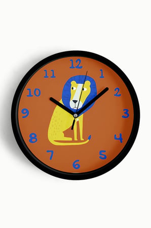 Aslan Tasarımlı Çocuk Odası Duvar Saati - 35cm - Önü Camlı Siyah Kasa - Sessiz Mekanizma