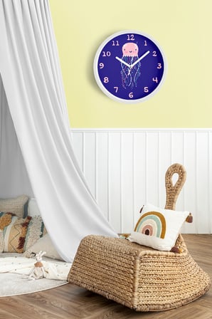 Sevimli Denizanası Çizimli Çocuk Odası Duvar Saati - 35cm - Önü Camlı Beyaz Kasa - Sessiz Mekanizma