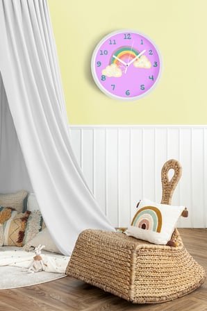 Gökkuşağı Tasarımı Çocuk Odası Duvar Saati - 35cm - Önü Camlı Beyaz Kasa - Sessiz Mekanizma