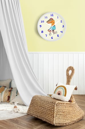Bisiklet Süren Dinozor Çocuk Odası Duvar Saati - 42cm - Önü Camlı Beyaz Kasa - Sessiz Mekanizma