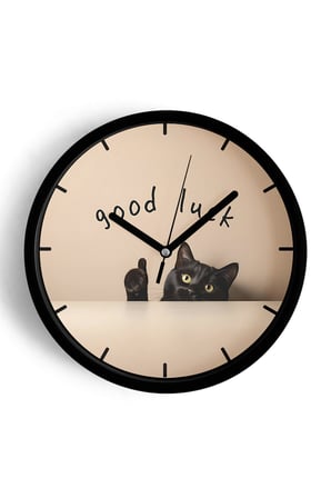 Good Luck Kedi Tasarımı Modern Duvar Saati - 35cm - Önü Camlı Siyah Kasa - Sessiz Mekanizma