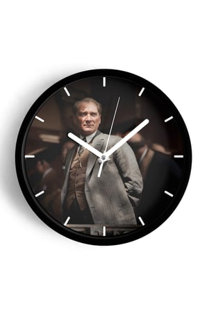 Atatürk Temalı Dekoratif Modern Duvar Saati - 35cm - Önü Camlı Siyah Kasa - Sessiz Mekanizma