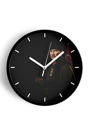 Atatürk Temalı Dekoratif Modern Duvar Saati - 35cm - Önü Camlı Siyah Kasa - Sessiz Mekanizma