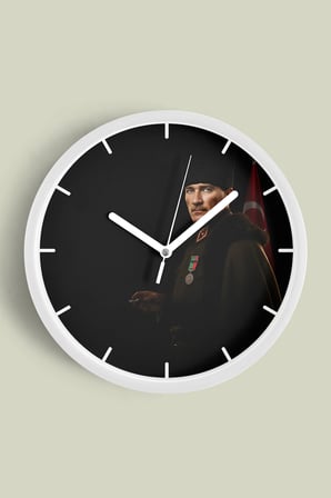 Atatürk Temalı Dekoratif Modern Duvar Saati - 42cm - Önü Camlı Beyaz Kasa - Sessiz Mekanizma