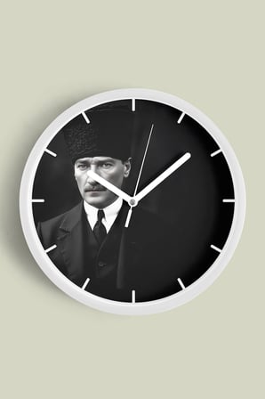 Atatürk Temalı Dekoratif Modern Duvar Saati - 35cm - Önü Camlı Beyaz Kasa - Sessiz Mekanizma