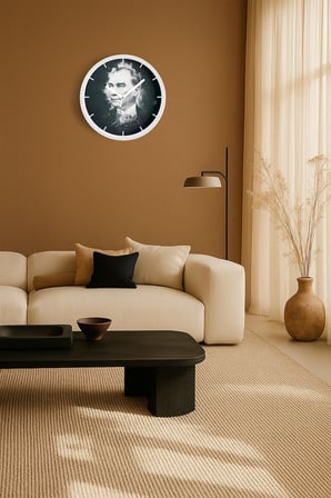 Atatürk Temalı Dekoratif Modern Duvar Saati - 35cm - Önü Camlı Beyaz Kasa - Sessiz Mekanizma