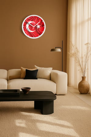 Türk Bayrağı Temalı Dekoratif Modern Duvar Saati - 35cm - Önü Camlı Beyaz Kasa - Sessiz Mekanizma