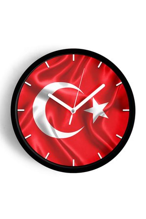 Türk Bayrağı Temalı Dekoratif Modern Duvar Saati - 35cm - Önü Camlı Siyah Kasa - Sessiz Mekanizma