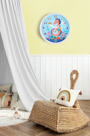 Sevimli Denizatı Çocuk Odası Duvar Saati - 42cm - Önü Camlı Beyaz Kasa - Sessiz Mekanizma