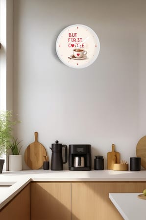 Modern Yazılı Tasarım - '' But First, Coffee '' Mutfak Duvar Saati - 42cm - Sessiz Mekanizma
