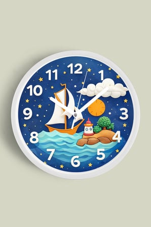 Gece Manzaralı Deniz Temalı Çocuk Odası Duvar Saati - 35cm - Önü Camlı Beyaz Kasa - Sessiz Mekanizma