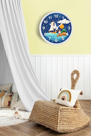 Gece Manzaralı Deniz Temalı Çocuk Odası Duvar Saati - 35cm - Önü Camlı Beyaz Kasa - Sessiz Mekanizma
