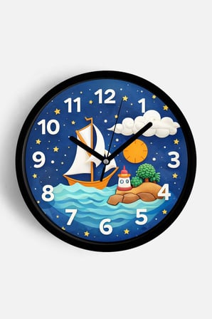 Gece Manzaralı Deniz Temalı Çocuk Odası Duvar Saati - 35cm - Önü Camlı Siyah Kasa - Sessiz Mekanizma