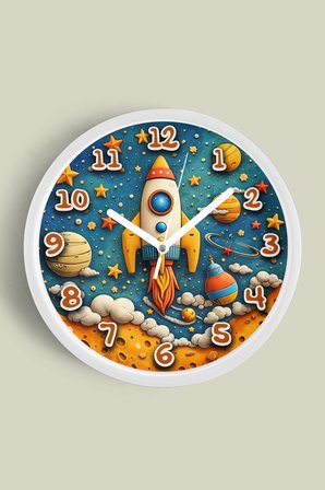 Uzaydan Yükselen Roket Temalı Çocuk Odası Duvar Saati - 35cm - Sessiz Mekanizma