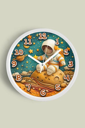Uzay ve Astronot Temalı Çocuk Odası Duvar Saati - 30cm - Önü Camlı Beyaz Kasa - Sessiz Mekanizma